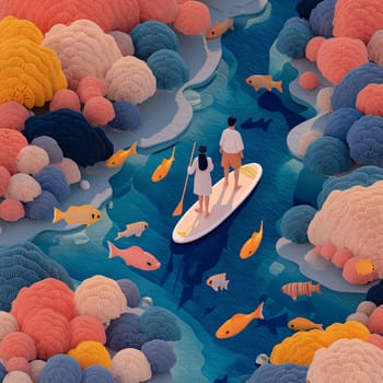 Artistic illustration of a couple paddleboarding above a colorful coral reef, surrounded by tropical fish in a serene underwater scene.