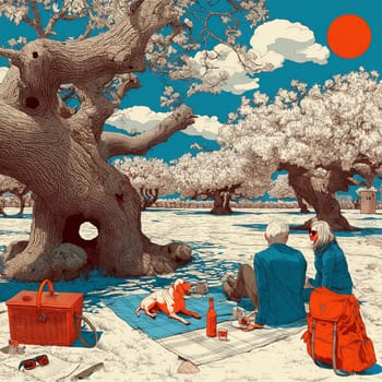 Artistic illustration of a couple and their dog enjoying a picnic under gnarled trees, with a red sun and vivid color palette in a surreal landscape.