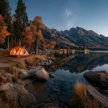 A peaceful night scene with a glowing orange tent near a calm lake, surrounded by autumn trees and mountains, reflecting stars and nature's beauty.