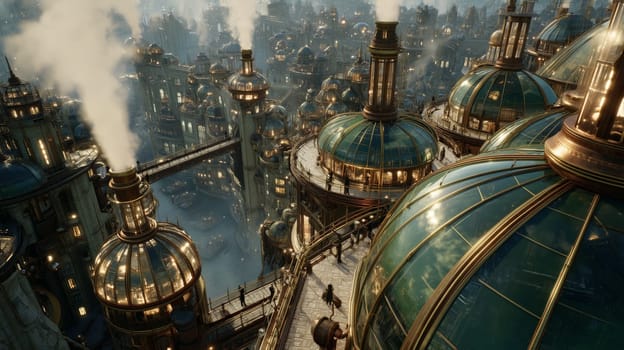 Intricate fantasy cityscape featuring teal glass domes, smoking chimneys, skybridges, and people walking above a glowing, atmospheric riverfront.