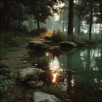 A serene forest scene with a quiet stream, moss-covered rocks, and soft sunlight reflecting on the water, creating a peaceful atmosphere.