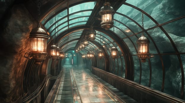 Atmospheric glass tunnel under the sea with hanging lanterns and metallic structure, blending steampunk and sci-fi design in a mysterious setting.