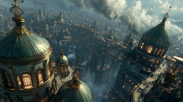 Vast fantasy city with ornate domes, golden accents, elevated walkways, and atmospheric clouds in a surreal steampunk-like architectural style.