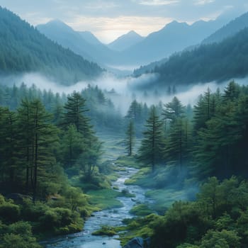 Lush green forest and a clear river winding through a misty mountain valley at dawn, surrounded by peaks and soft morning fog.
