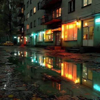 Urban residential street at night with glowing neon storefronts, cracked pavement, and colorful reflections in rain puddles. Moody, quiet post-rain atmosphere.