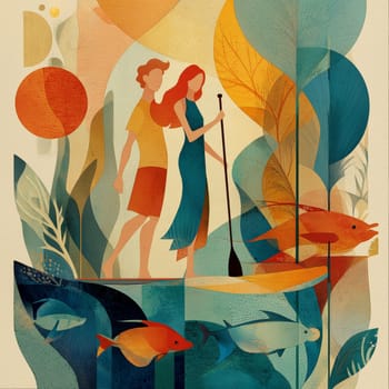 Colorful abstract illustration of a couple paddleboarding among large fish, leaves, and artistic underwater elements.