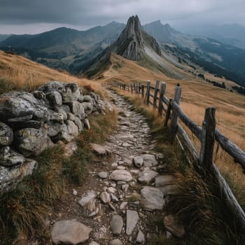 Stone hiking path bordered by wooden fence and stone wall, leading towards rugged mountain peaks under moody sky.