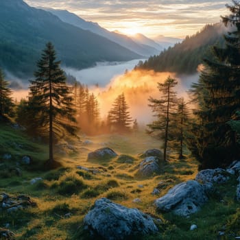 Golden sunlight filters through misty pine trees in a mountain valley at sunrise, with rocky terrain and glowing grass in the foreground.