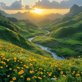 Golden sunset over a lush green valley with vibrant yellow flowers and a winding stream surrounded by rolling hills and distant mountain peaks.