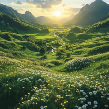 Vibrant mountain valley filled with daisies and yellow flowers, a winding stream, and rolling green hills under a glowing sunset sky.