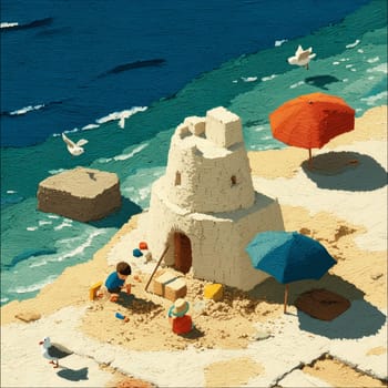 Playful illustration of kids making a sandcastle by the sea with colorful umbrellas and seagulls, in textured oil painting style.