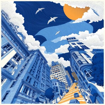 Stylized city street with tall buildings, vibrant orange sun, swirling blue sky, and birds flying above in a bold illustrative style.