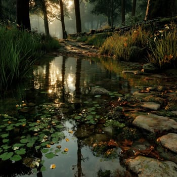 A tranquil forest stream with floating lily pads and flowers, surrounded by trees, with soft sunlight reflecting off the water, creating a peaceful scene.