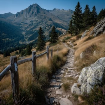 Rocky mountain trail bordered by wooden fence, leading through grassy hills toward jagged alpine peaks under clear blue sky.