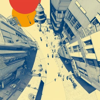 Stylized top-down view of a bustling city street surrounded by tall buildings and abstract shapes in a graphic, hand-drawn style.
