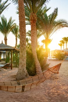 A hammock hangs between palm trees, gently swaying in the warm breeze. The golden sunset casts a peaceful glow over the sandy beach, creating a tranquil atmosphere for relaxation.