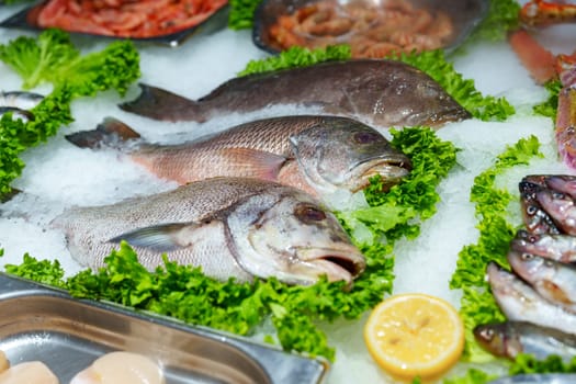 Assorted seafood is presented attractively on crushed ice at a market. Fresh fish rest atop vibrant green lettuce, surrounded by shellfish and garnished with lemon slices.