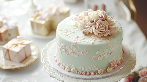 Delightful garden Birthday celebration featuring floral cakes, pastel gift wrap, vintage teaware, and soft bunting, evoking a tender, joyful birthday gathering in an English countryside garden