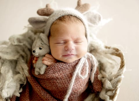 Newborn Baby Sleeping In Fawn's Basket In A Studio Photo