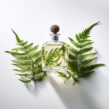 Closeup of organic cosmetic product with green leaves on white background. Spa, beauty, wellness, aromatherapy, natural skin care, herbal medicine, branding, and packaging mockup.