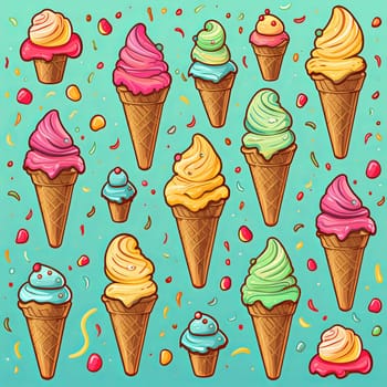 A cheerful pattern featuring colorful ice cream cones with sprinkles and small candies on an aqua background. This design embodies the fun and joy of summer treats in a playful way.