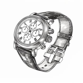 A sketch of a wristwatch featuring a white dial, black bezel, and silver band, displayed from a side angle with the watch face visible, isolated on a white background.