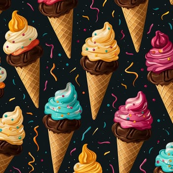 A delightful pattern of colorful ice cream cones on a dark background, perfect for summer-themed designs, party invitations, or textile prints. Fun, festive, and full of sweet indulgence.