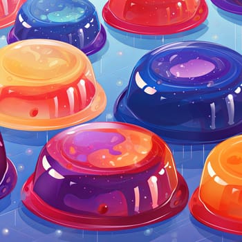 A colorful array of gelatin dessert cups on a light blue surface. These vibrant jellies are a delightful treat, ideal for summer gatherings, adding a fun, sweet touch to any event.