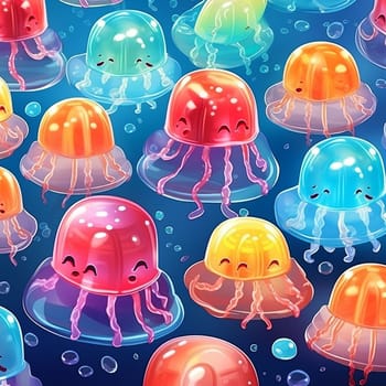 Discover a charming pattern of cartoon jellyfish, ideal for kids clothing and decor. This delightful underwater theme adds a fun touch to any design, bringing joy to all.