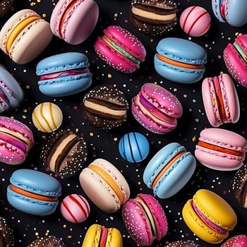 Experience the sweet symphony of colorful macarons and candies beautifully arranged against a deep backdrop. A delightful visual treat that evokes joy, celebration, and confectionery allure.