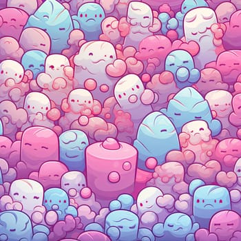 A pattern of pastel marshmallow characters with cute faces, perfect for fabric, wallpaper, and children s products. Whimsical and colorful, ideal for playful designs.