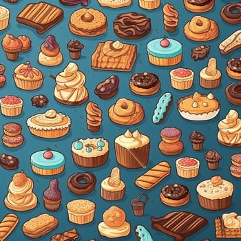 A colorful and tempting collection of various pastries, cakes, and desserts. Perfect for menus, bakery promotions, or advertising for cafes and sweet shops. High quality image for creative projects.