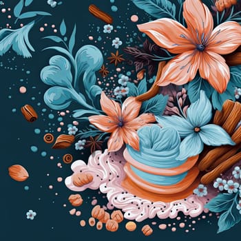 Whimsical illustration of a floral dessert still life. Featuring flowers, nuts, spices, and abstract forms in decorative arrangement. Ideal for backgrounds, prints, creative projects, and design.