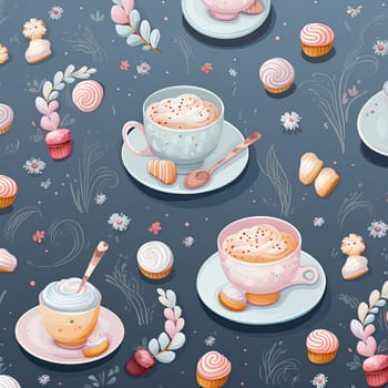 A charming pattern of coffee cups with whipped cream, assorted cakes, floral sprigs, and candies on a dark blue background, ideal for textiles and design projects.