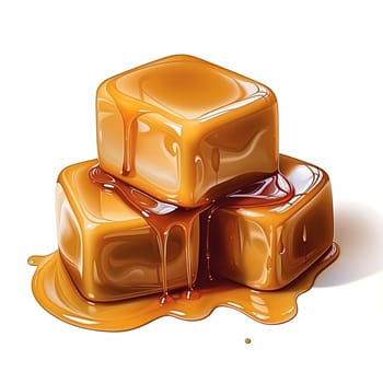 Indulge in three caramel candies stacked high and drizzled with golden syrup. Isolated on a white background, this image is perfect for showcasing desserts and confectionery treats.