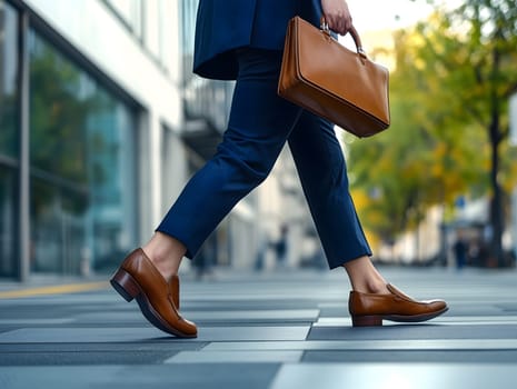 AI-generated image of a stylish businesswoman walking through city streets with brown leather shoes and briefcase. Urban professionalism and modern lifestyle concept.