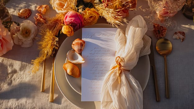 Elegant coastal table setting with floral arrangements, fine tableware, and scenic ocean views, perfect for a wedding or sophisticated event