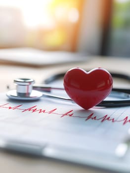 AI-generated image of a red heart and stethoscope resting on an ECG printout. Symbolic representation of healthcare, cardiology, and heart disease awareness in a clinical setting.