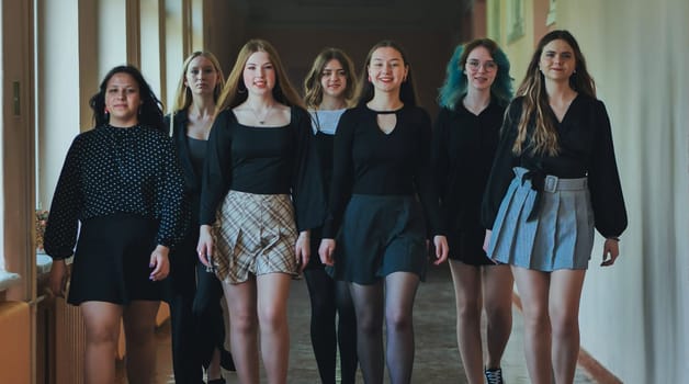 Group of high school students walking together in a bustling school hallway, enjoying their break between classes and sharing moments of friendship