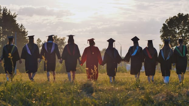 Graduates strolling hand in hand through a sunlit field, representing companionship and a unified vision for the future