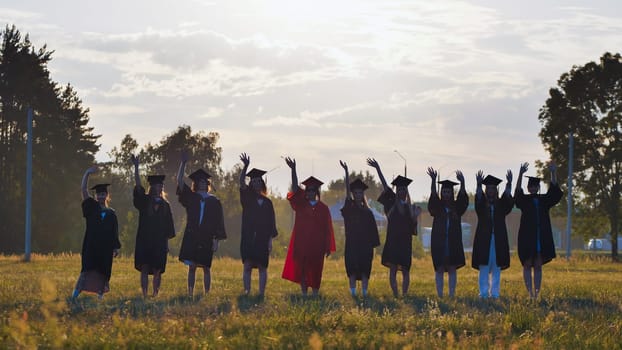 Group of cheerful graduates in academic gowns waving hands while standing in a row in field at sunset after graduation ceremony