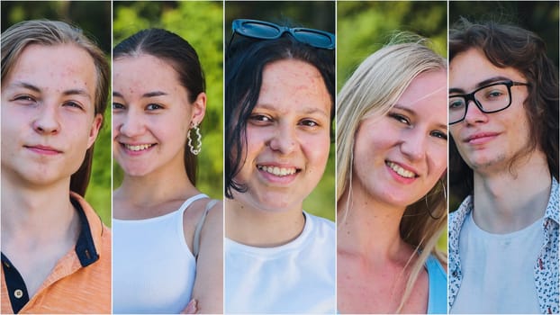 Cheerful portrait collage featuring five diverse high school students expressing their happiness