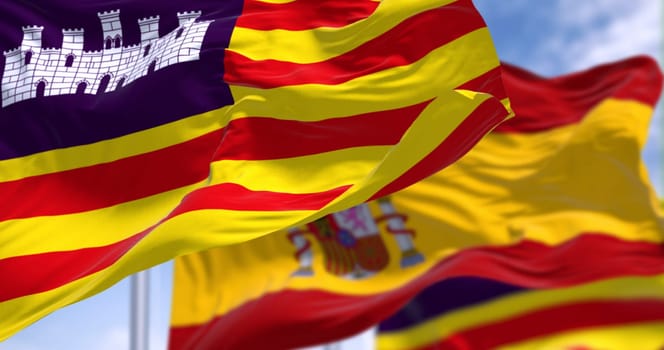 Balearic Islands flags waving with national spanish flag. Four red lines on yellow with white castle on purple canton. 3D illustration render. Rippling fabric