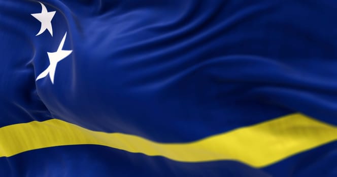 Curacao flags waving in the wind. Island and constituent country within the Kingdom of the Netherlands. Seamless 3d render animation. Slow motion loop. Selective focus