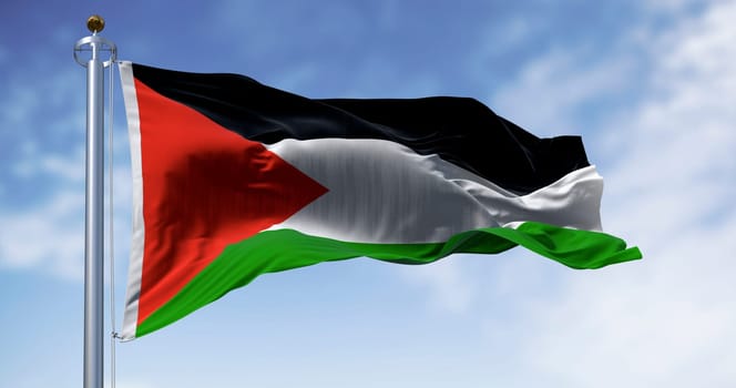 Palestine national flag waving on a clear day. Three black, white, green stripes with red triangle on left. 3d illustration render. Selective focus. Close-up. Rippling fabric. Selective focus