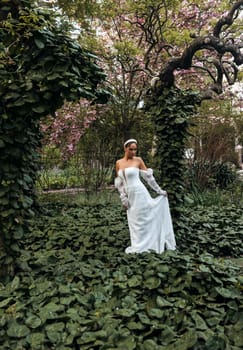 Beautiful bride in lace dress is smiling against the background of nature and green trees. Portrait of a young bride. Wedding photography. High quality photo