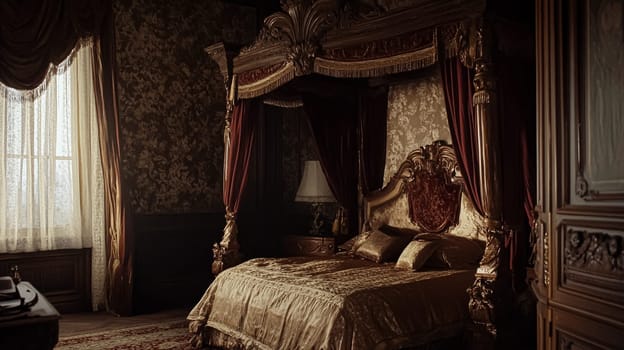 Opulent Baroque interiors with gilded four-poster beds, floral drapes, ornate furniture, and classical detailing, capturing a romantic old-world charm fit for an English noble manor