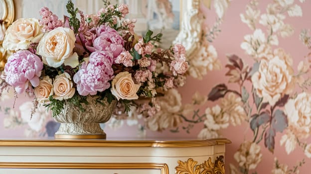 Opulent Baroque interiors with gilded four-poster beds, floral drapes, ornate furniture, and classical detailing, capturing a romantic old-world charm fit for an English noble manor