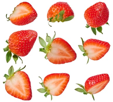 Set of whole and cut strawberries symbolizing freshness, healthy eating or summer harvest, isolated background