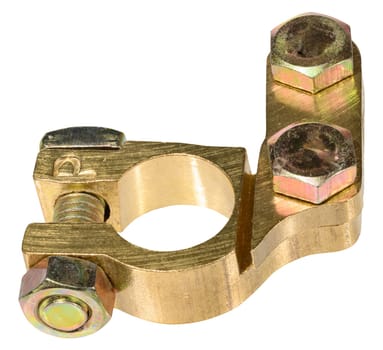 Metal car battery terminal clamp positive or negative, isolated  background. Automotive electrical spare part close-up for repair or service themes